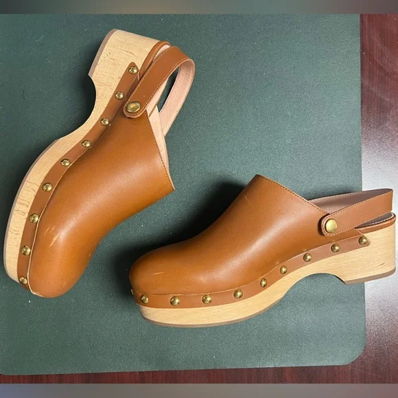 J.Crew brown leather brass stud wood platform slingback clog, size 8.5 - Picture 2 of 13